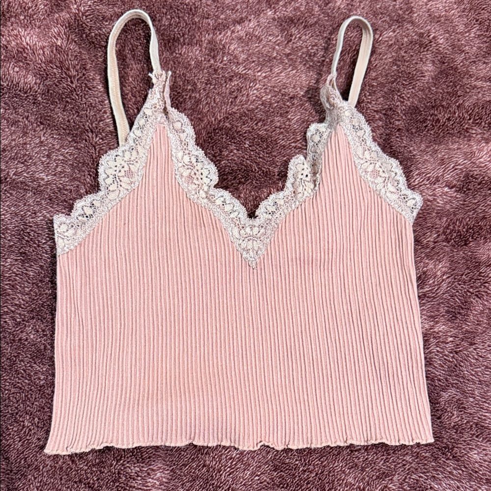 Pink Lace Trim Ribbed Women's Top
